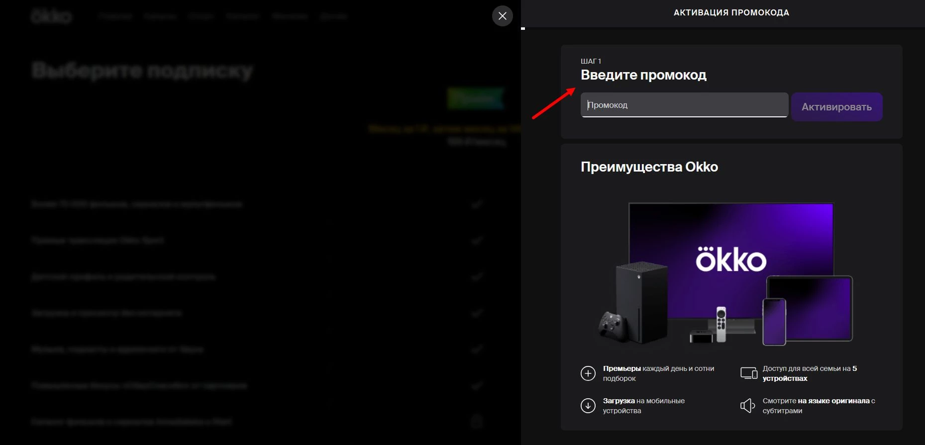 Ввод промокода ОККО