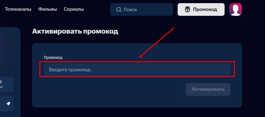 Ввод промокода KION