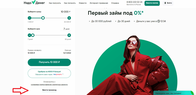 Ввод промокода Надо Денег