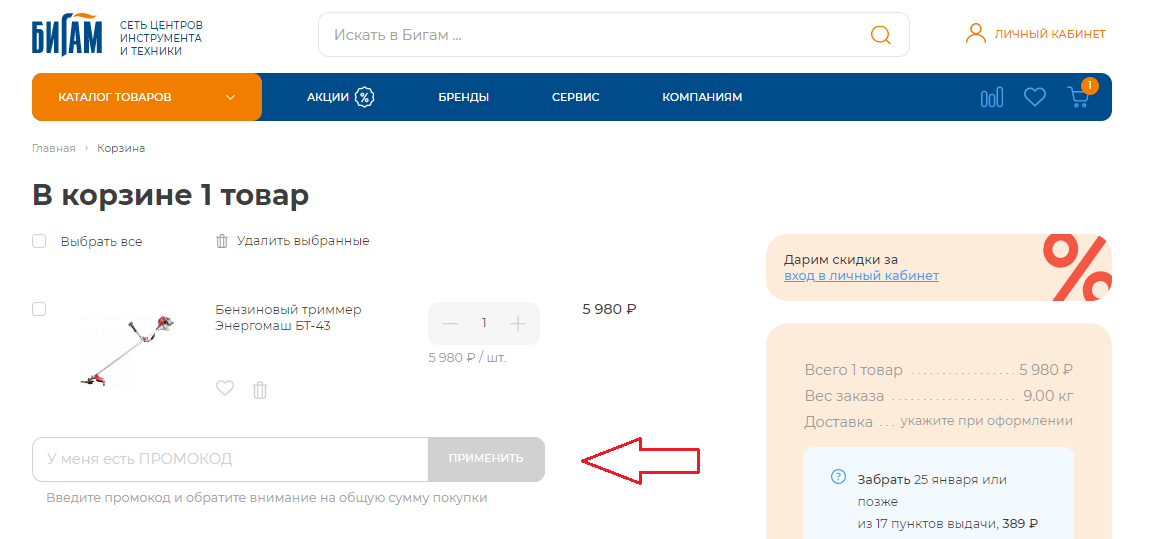 Ввод промокода Бигам